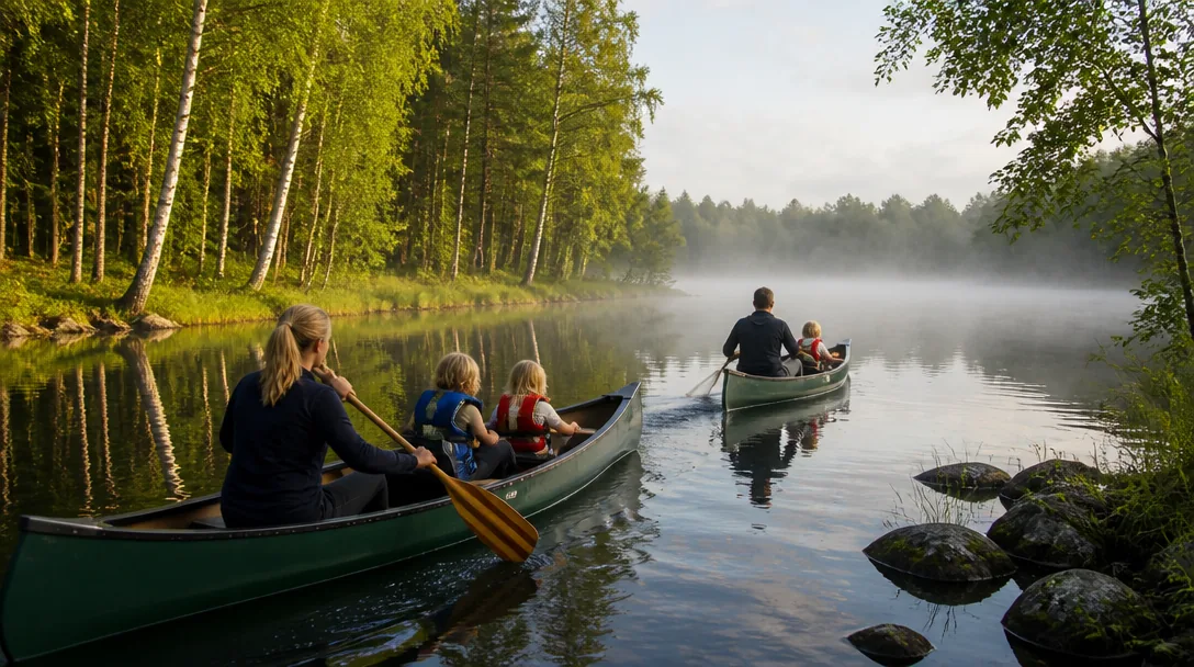 Familj paddlar kanot på en stilla svensk sjö omgiven av skog