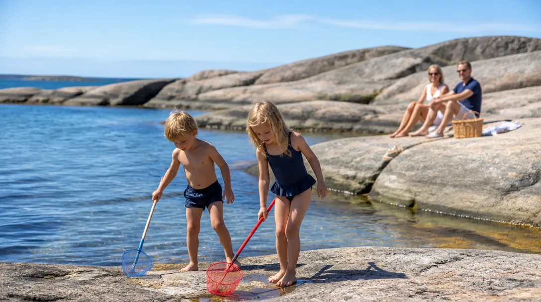 Familj på semester vid havet i Bohuslän under svensk sommar