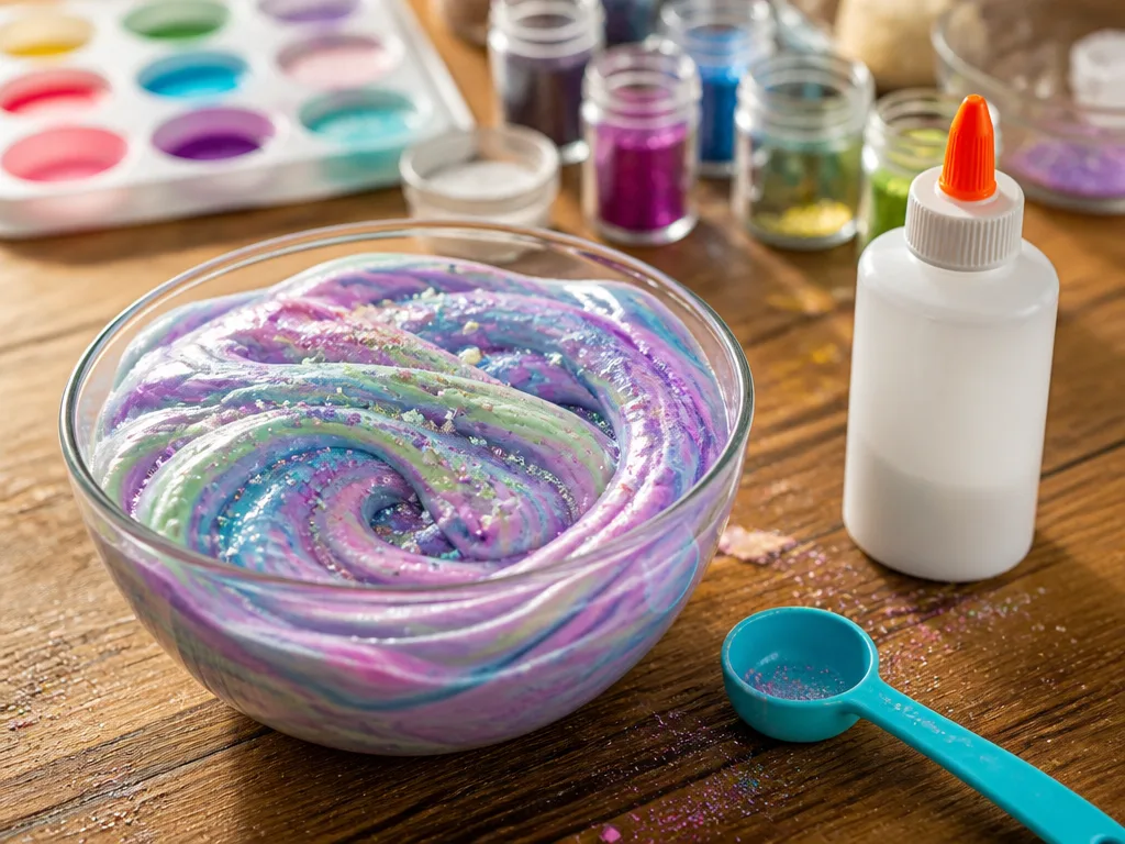 Skål med hemgjort slime i klarblå färg, glitter och en burk lim på ett köksbord