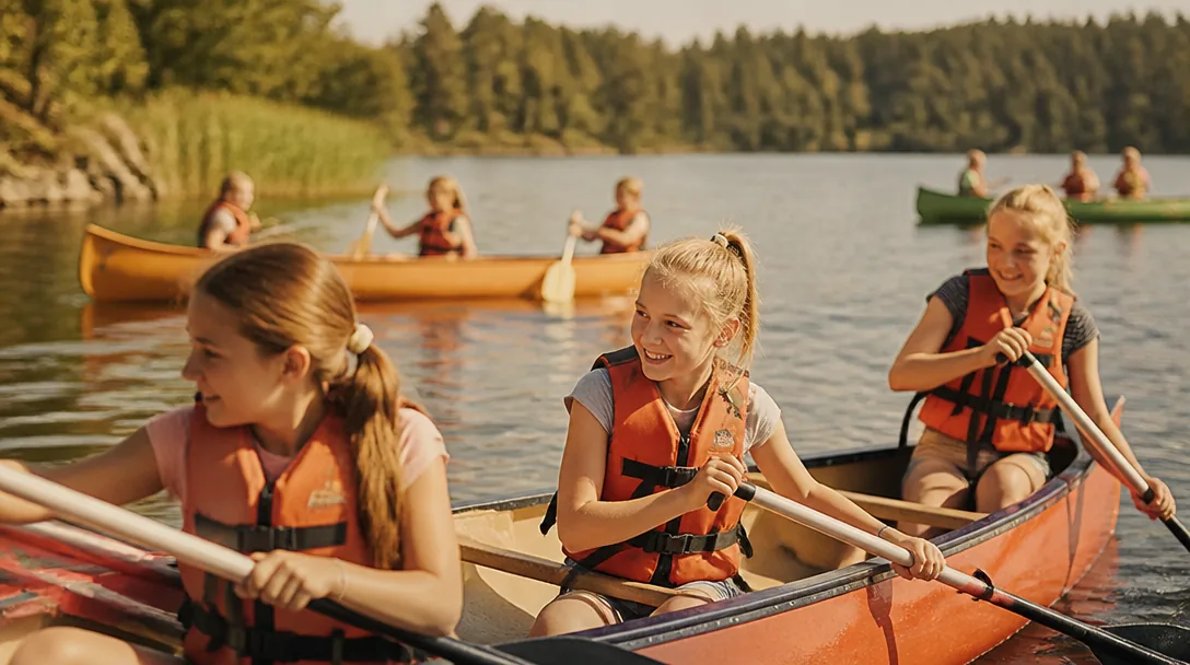 Barn paddlar kanot under ett dagsläger vid en sjö