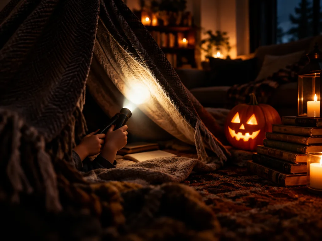 Barn med ficklampa i en filtkoja en mörk kväll, bredvid en lysande halloweenpumpa och en trave gamla böcker