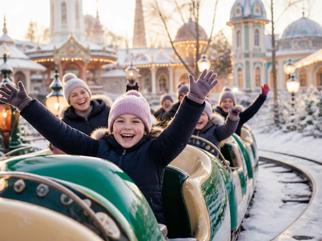 Barnfamilj på Liseberg i Göteborg under vintermånad med glada barn på åkattraktioner