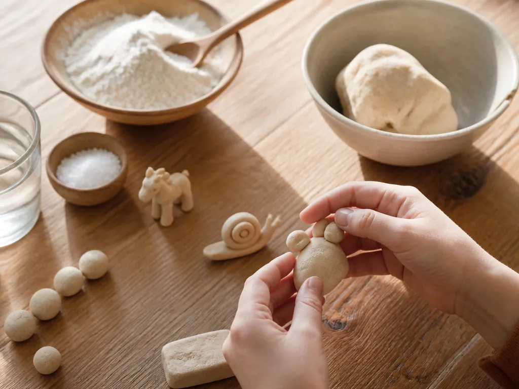Hemgjord trolldeg och pysselfigurer på ett köksbord med mjöl och en skål