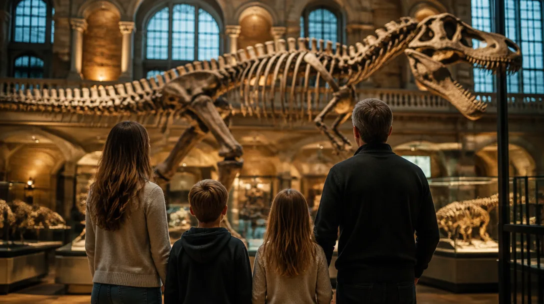 Barn tittar upp på dinosaurieskelett på Naturhistoriska riksmuseet i Stockholm