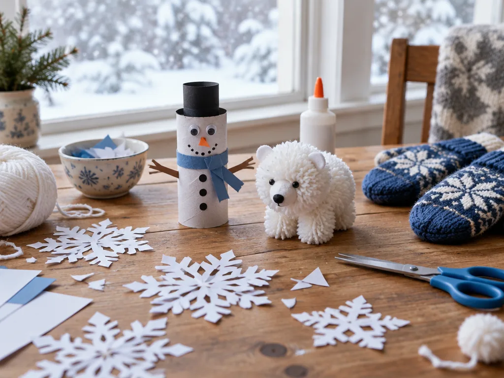 Papperssnöflingor, en snögubbe av toarulle, en isbjörn av vita garnbollar och stickade vantar på ett köksbord framför ett snöigt fönster